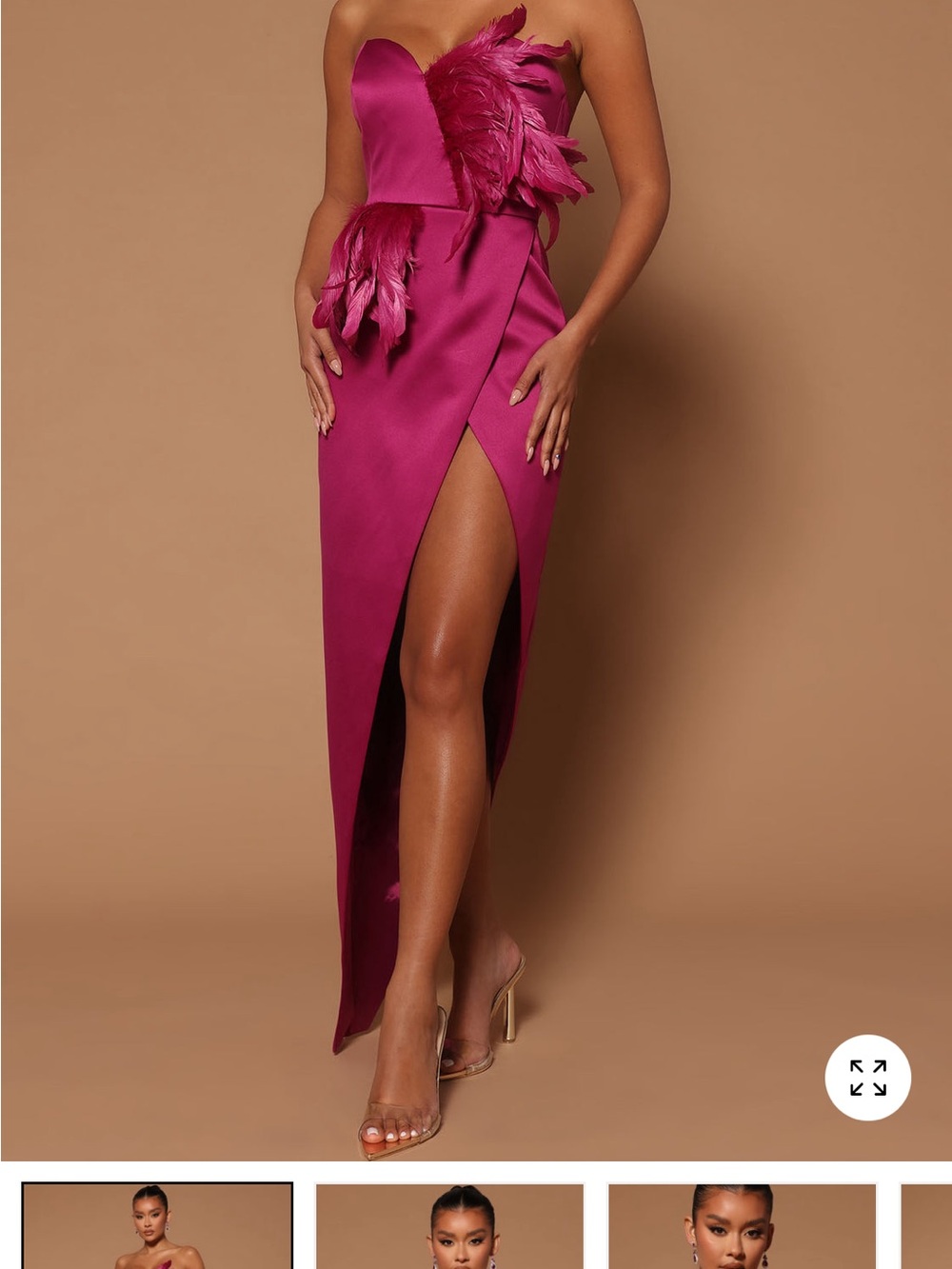 Fashion Nova Strapless Feather-Trim Asymmetrical Satin Gown in Magenta